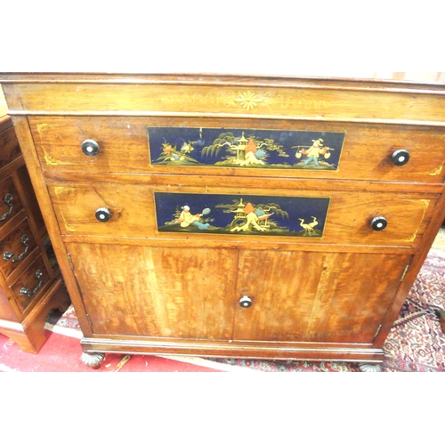 170 - Edwardian mahogany cabinet with 2 drawers, press under, Oriental figured panels, on reeded bun feet