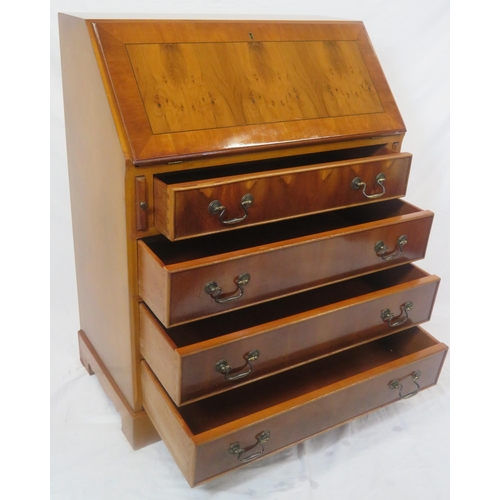 174 - Edwardian design inlaid yew bureau with fold-out front, fitted interior, pull-out supports, 4 drawer... 