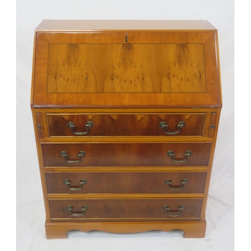 174 - Edwardian design inlaid yew bureau with fold-out front, fitted interior, pull-out supports, 4 drawer... 