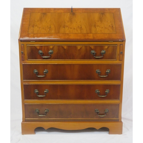 174 - Edwardian design inlaid yew bureau with fold-out front, fitted interior, pull-out supports, 4 drawer... 