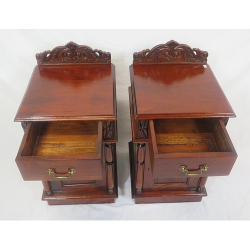 176 - Pair of Edwardian style mahogany bedside cabinets with frieze drawers, brass drop handles, pressed u... 