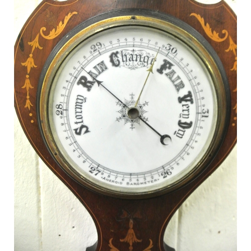 177 - Edwardian inlaid mahogany barometer with foliate and string inlay, brass framed dial and thermometer