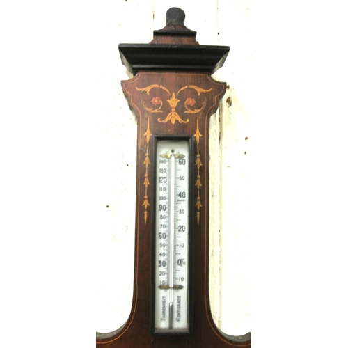 177 - Edwardian inlaid mahogany barometer with foliate and string inlay, brass framed dial and thermometer