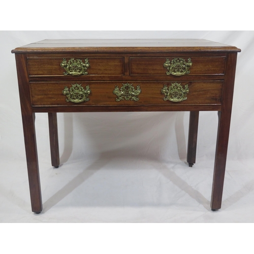 180 - Georgian mahogany lowboy with 1 long and 2 short drawers, brass drop handles with pierced backplates... 