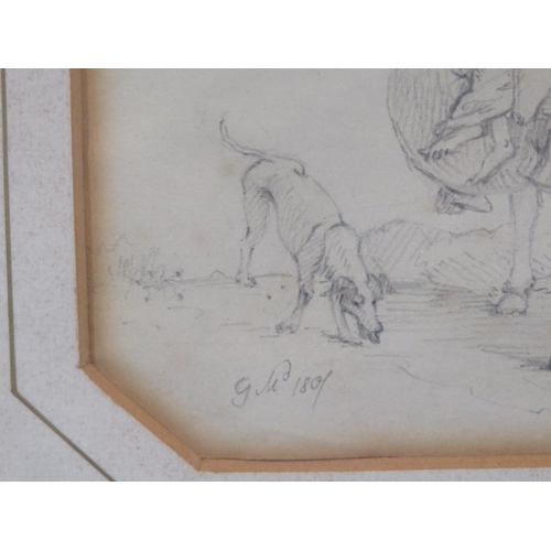 19 - George Morland 'Figures with donkey and sheep' pencil 10x17cm signed