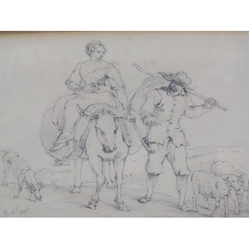 19 - George Morland 'Figures with donkey and sheep' pencil 10x17cm signed