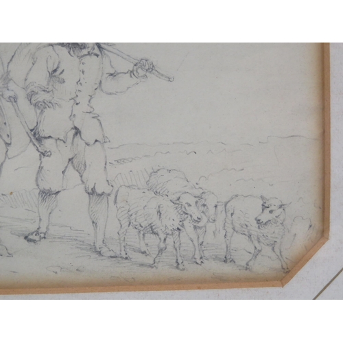 19 - George Morland 'Figures with donkey and sheep' pencil 10x17cm signed