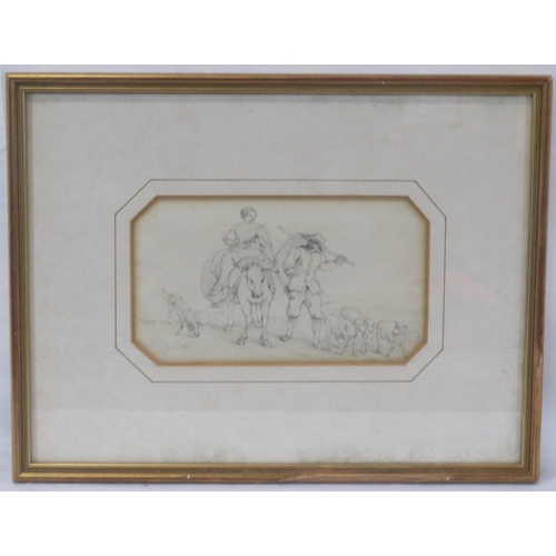 19 - George Morland 'Figures with donkey and sheep' pencil 10x17cm signed