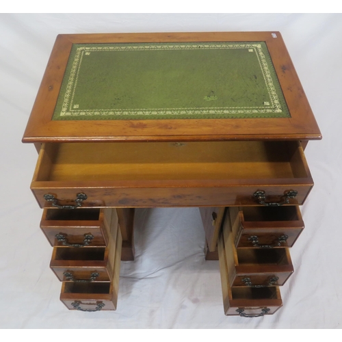 191 - Edwardian design yew kneehole desk with leatherette inset, 1 long and 6 short drawers with drop hand... 