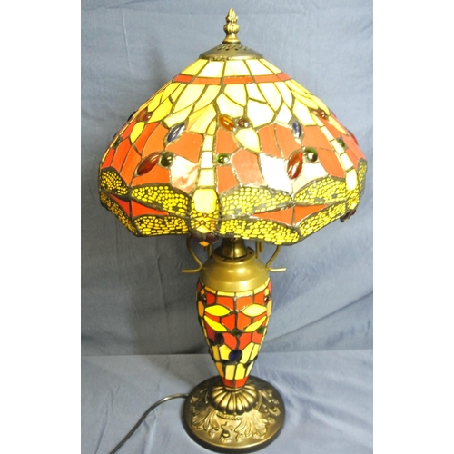 198 - Art deco style electric table lamp with ornate multi-coloured panelled shade and column, on foliate ... 