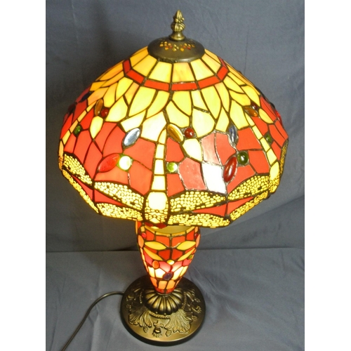 198 - Art deco style electric table lamp with ornate multi-coloured panelled shade and column, on foliate ... 