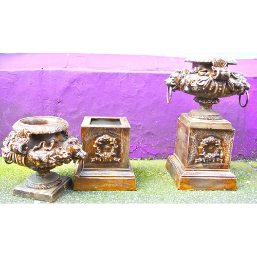 Pair of Victorian style cast iron 'Lion head' garden urns with ornate ...