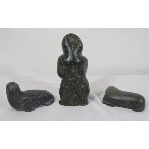 209 - Sasquatch carved marble figure of an Eskimo and 2 seals