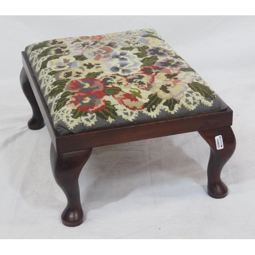 219 - Victorian mahogany footstool with foliate needlepoint and cabriole legs