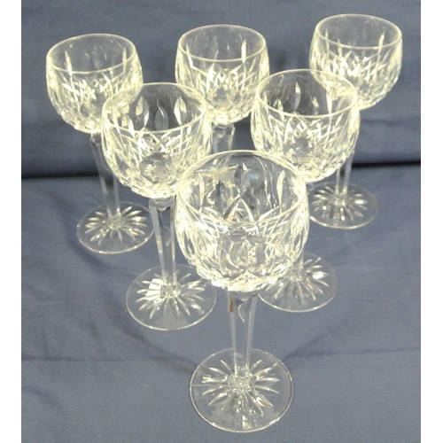 222 - Set of 6 Waterford Crystal cut glass hock glasses with hexagonal stems and round bases