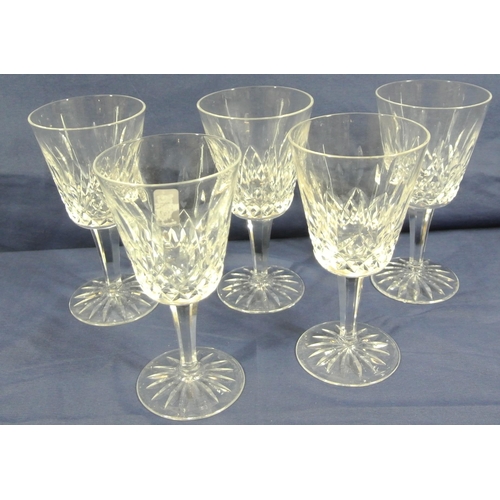 223 - Set of 5 Waterford Crystal cut glass wine glasses with diamond decoration, knop stems on round bases