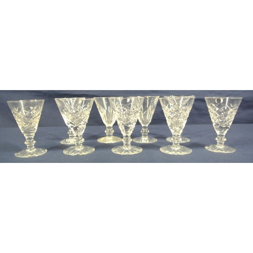 224 - 9 assorted Waterford Crystal liqueur glasses with knop stems and round bases