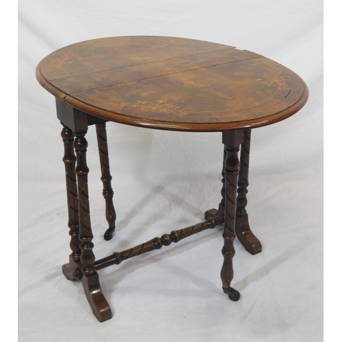 236 - Victorian inlaid walnut Sutherland table with D-shaped drop leaves, gateleg support, twist turned co... 