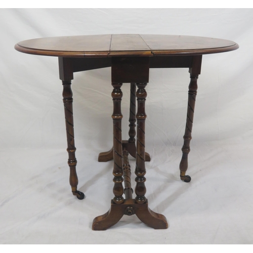 236 - Victorian inlaid walnut Sutherland table with D-shaped drop leaves, gateleg support, twist turned co... 