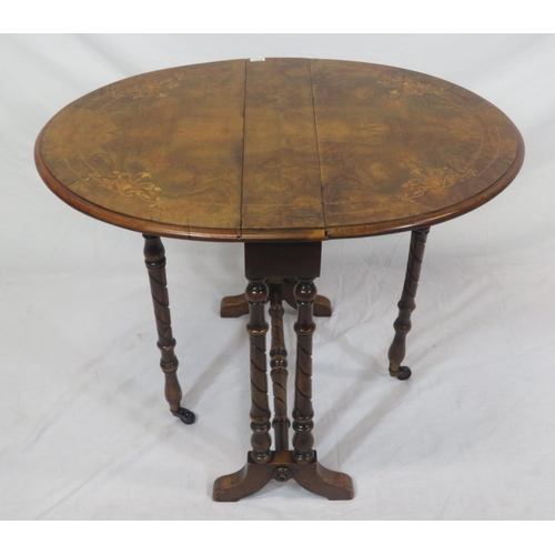 236 - Victorian inlaid walnut Sutherland table with D-shaped drop leaves, gateleg support, twist turned co... 