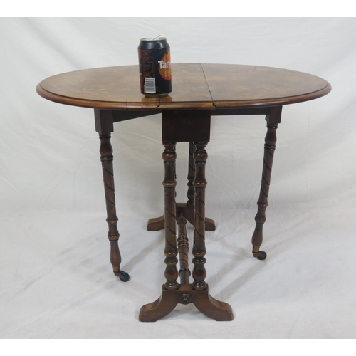 236 - Victorian inlaid walnut Sutherland table with D-shaped drop leaves, gateleg support, twist turned co... 