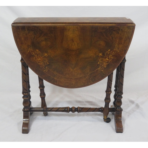 236 - Victorian inlaid walnut Sutherland table with D-shaped drop leaves, gateleg support, twist turned co... 