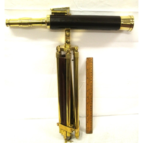 237 - Mariners brass telescope with lens cover and spirit level, on adjustable tripod stand