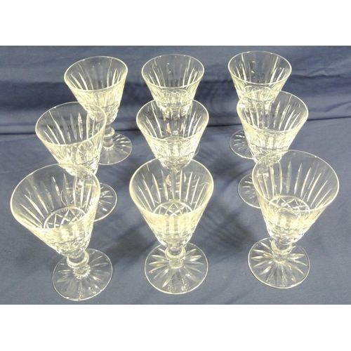 248 - Set of 9 Waterford Crystal cut glass trumpet shaped wine glasses with diamond decoration, knop stems... 