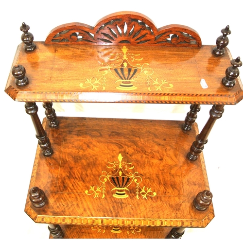 256 - Edwardian inlaid walnut and mahogany 3-tier whatnot with foliate and herringbone inlay, turned finia... 