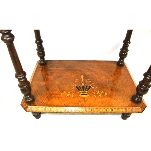 256 - Edwardian inlaid walnut and mahogany 3-tier whatnot with foliate and herringbone inlay, turned finia... 