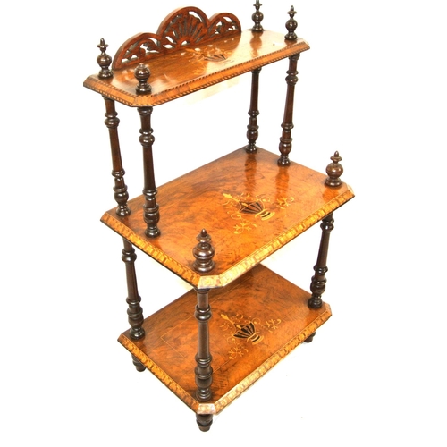 256 - Edwardian inlaid walnut and mahogany 3-tier whatnot with foliate and herringbone inlay, turned finia... 