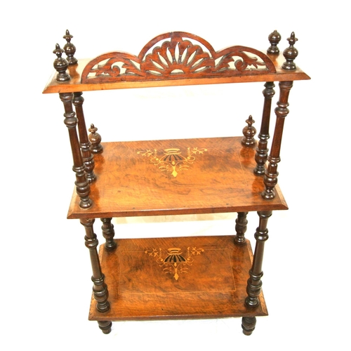 256 - Edwardian inlaid walnut and mahogany 3-tier whatnot with foliate and herringbone inlay, turned finia... 