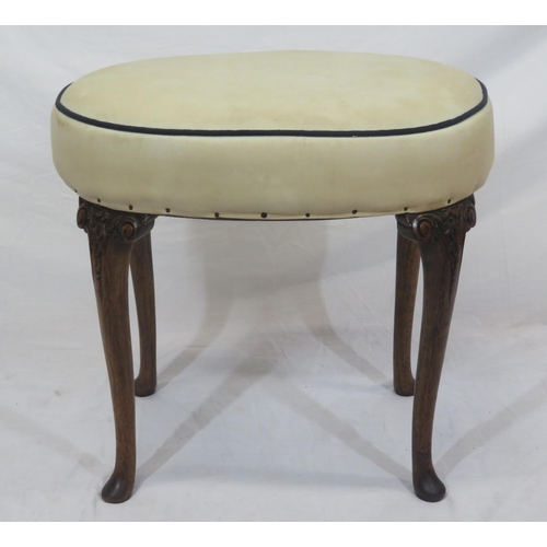 271 - Victorian oval upholstered stool with scroll and foliate carved cabriole legs