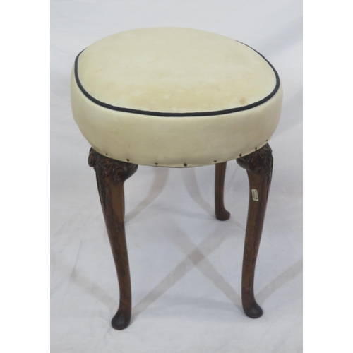 271 - Victorian oval upholstered stool with scroll and foliate carved cabriole legs