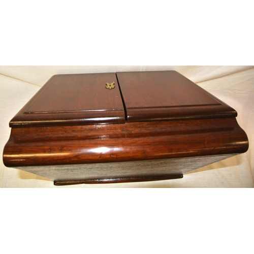 272 - Edwardian mahogany stationery box with fold out doors and lid, fitted interior with date apertures