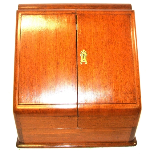 272 - Edwardian mahogany stationery box with fold out doors and lid, fitted interior with date apertures