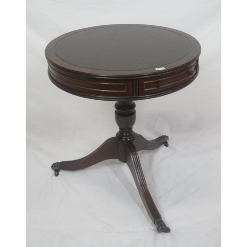 274 - Edwardian style round occasional table with bowed frieze drawers, vase turned column, on reeded trip... 