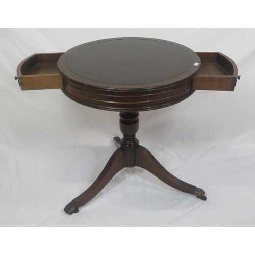 274 - Edwardian style round occasional table with bowed frieze drawers, vase turned column, on reeded trip... 