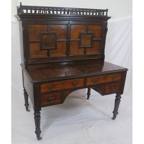 275 - Dutch style mahogany and walnut bureau with railed top, panelled drop-down front with leatherette in... 