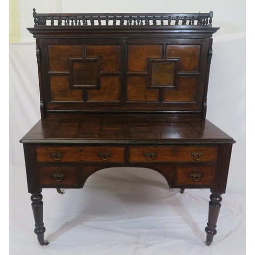 275 - Dutch style mahogany and walnut bureau with railed top, panelled drop-down front with leatherette in... 