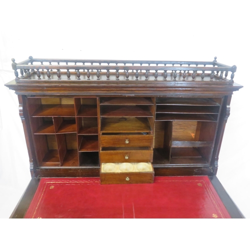 275 - Dutch style mahogany and walnut bureau with railed top, panelled drop-down front with leatherette in... 