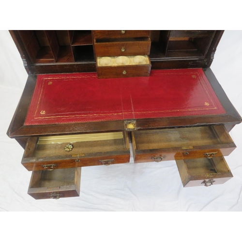 275 - Dutch style mahogany and walnut bureau with railed top, panelled drop-down front with leatherette in... 