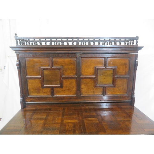 275 - Dutch style mahogany and walnut bureau with railed top, panelled drop-down front with leatherette in... 