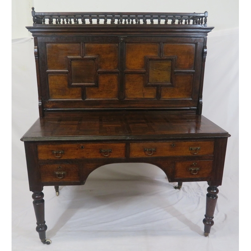 275 - Dutch style mahogany and walnut bureau with railed top, panelled drop-down front with leatherette in... 