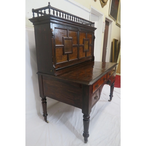 275 - Dutch style mahogany and walnut bureau with railed top, panelled drop-down front with leatherette in... 