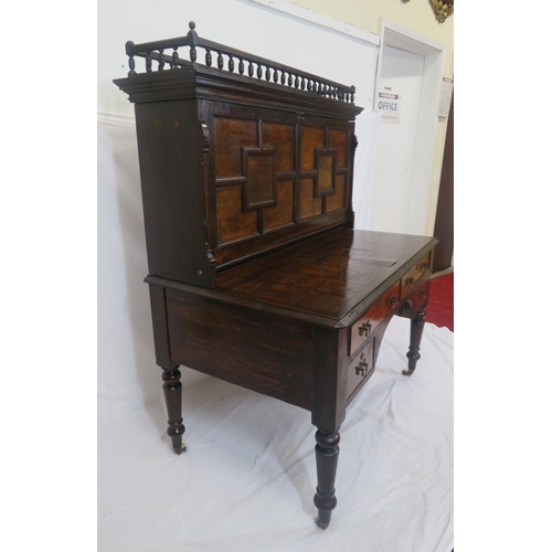 275 - Dutch style mahogany and walnut bureau with railed top, panelled drop-down front with leatherette in... 