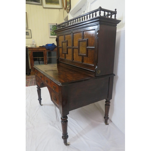 275 - Dutch style mahogany and walnut bureau with railed top, panelled drop-down front with leatherette in... 