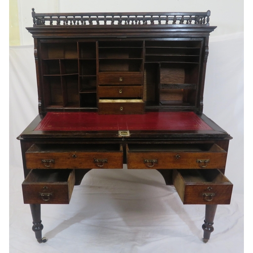 275 - Dutch style mahogany and walnut bureau with railed top, panelled drop-down front with leatherette in... 