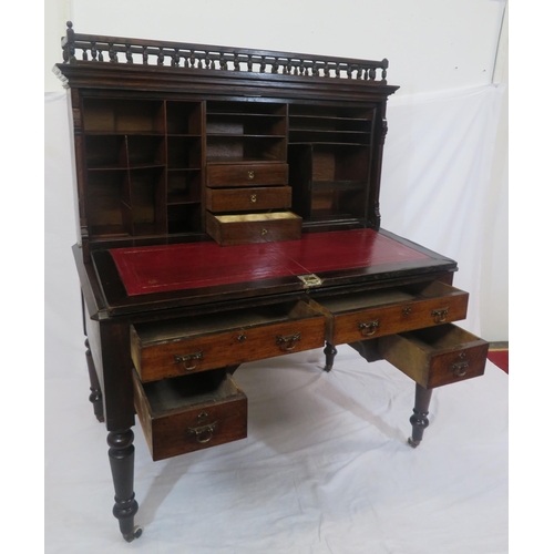 275 - Dutch style mahogany and walnut bureau with railed top, panelled drop-down front with leatherette in... 