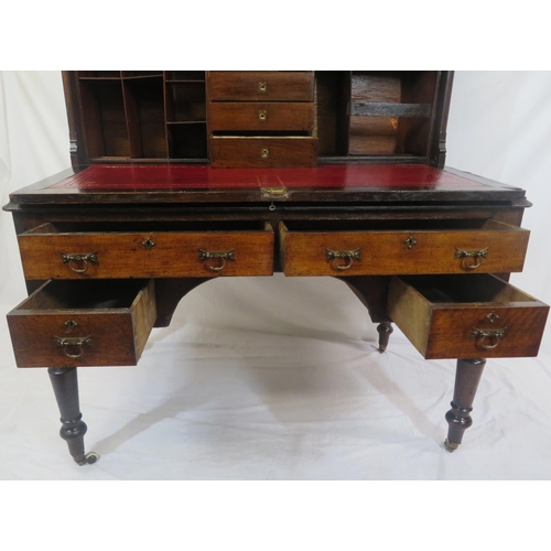 275 - Dutch style mahogany and walnut bureau with railed top, panelled drop-down front with leatherette in... 